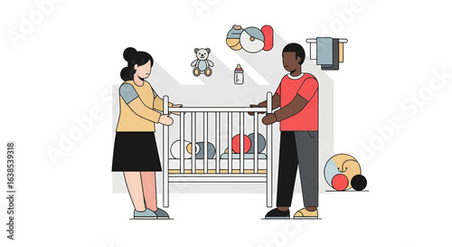 Interracial parents admiring their twin babies sleeping peacefully in a crib. A heartwarming illustration of modern family love.