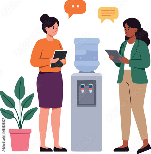 Two women chatting near water cooler with digital tablets and indoor plant vector illustration 