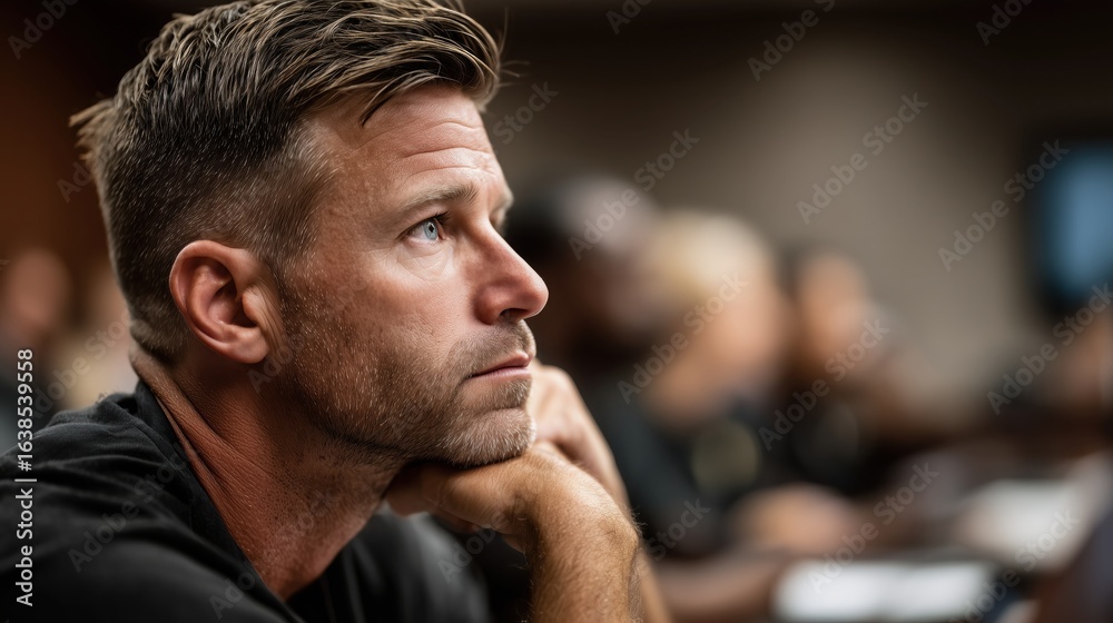 Fototapeta premium Engaged participant listening intently during a discussion in a conference room filled with professionals