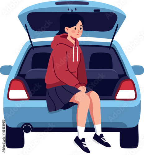 Young woman sitting on open car trunk in casual clothing vector illustration 