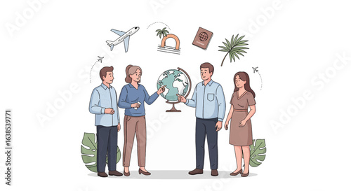 Group of people planning an international trip with a travel agent. A woman points to a destination on a globe, surrounded by travel icons.