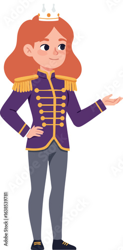 Young girl dressed in royal military uniform with crown standing confidently vector illustration 