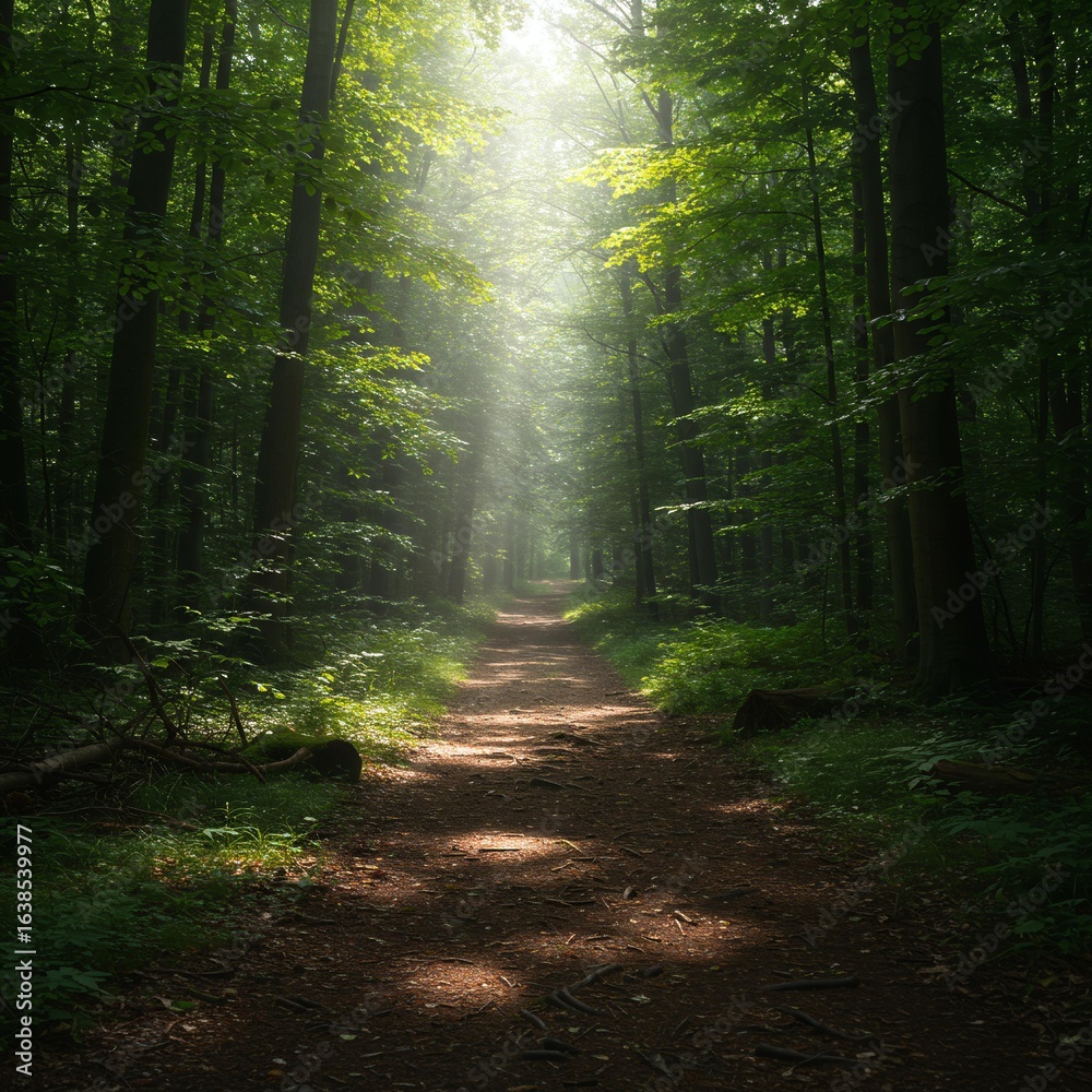 Fototapeta premium Enchanting Forest Pathway with Bright Sun Rays.