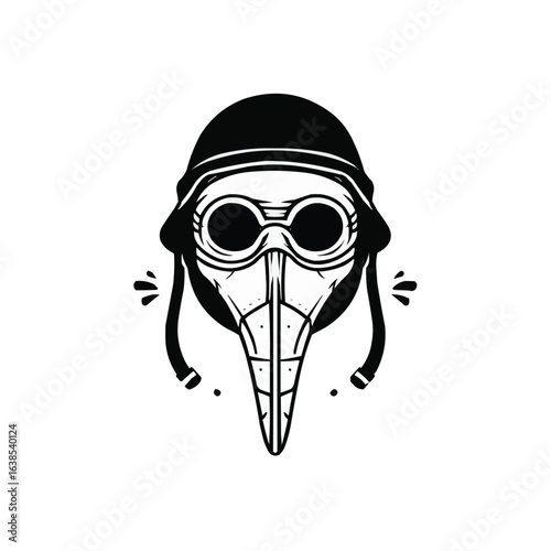 Silhouette vector A black and white vector silhouette on white background presents a plague doctor mask with a dramatically long pointed beak and dark circular eye openings
