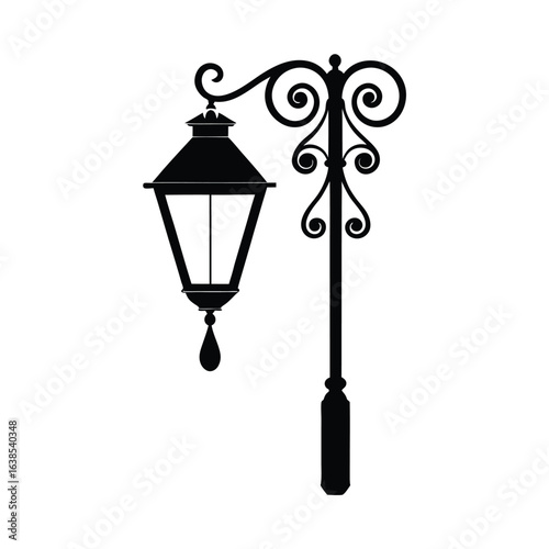 Silhouette vector Nouveau Vintage silhouette of a curved street lamp post with floral ironwork 