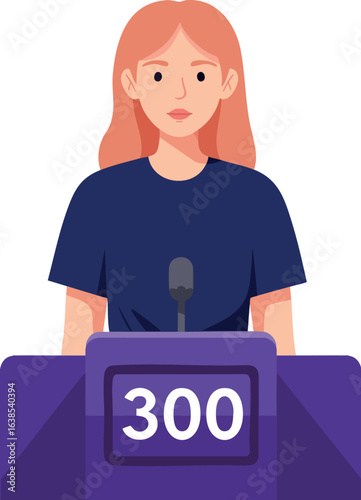Female contestant answering questions on quiz show podium with number 300 vector illustration 