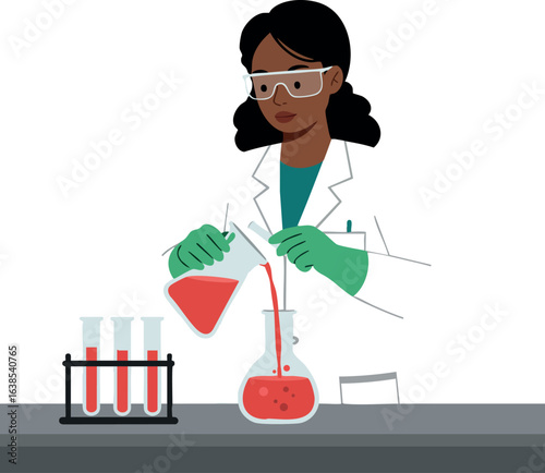 Female scientist conducting chemical experiment with red liquid in laboratory vector illustration 