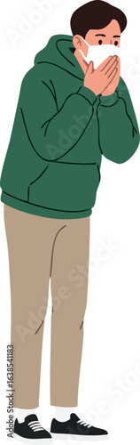 Man wearing green hoodie coughing or sneezing with protective face mask vector illustration 