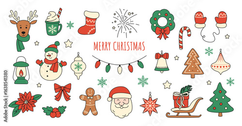 Merry Christmas. Winter festive symbols. Santa, Sleigh, Snowman, Gift, Bell, Christmas tree, Holly, Poinsettia, Fireworks, Lantern, Santa Claus, Bow, Gingerbread man, Christmas tree toys, Snowflskes, 