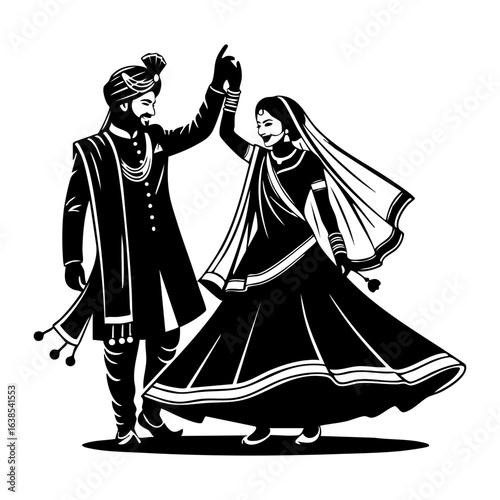 Minimal Hindu Wedding Couple Dancing Twirling Vector Illustration