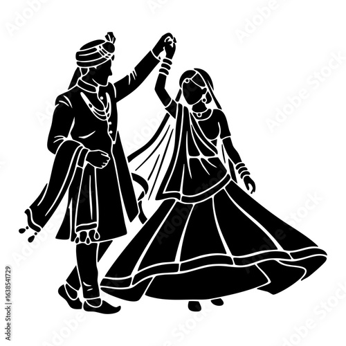Minimal Hindu Wedding Couple Dancing Twirling Vector Illustration