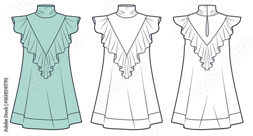 Sleeveless Ruffle Dress with High Neck Technical Fashion Illustration. Mini Dress fashion flat technical drawing template, front and back view, white, green, women CAD mockup set.