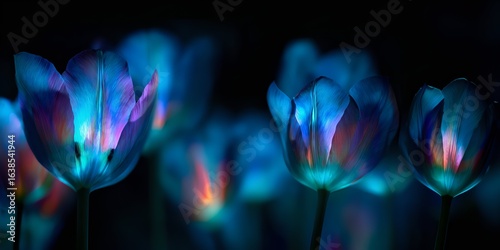 Dramatic Neon Tulips Glowing at Night against Dark Background
