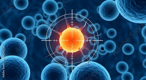 A microscopic view of a targeted cancer cell surrounded by other cells, highlighted.