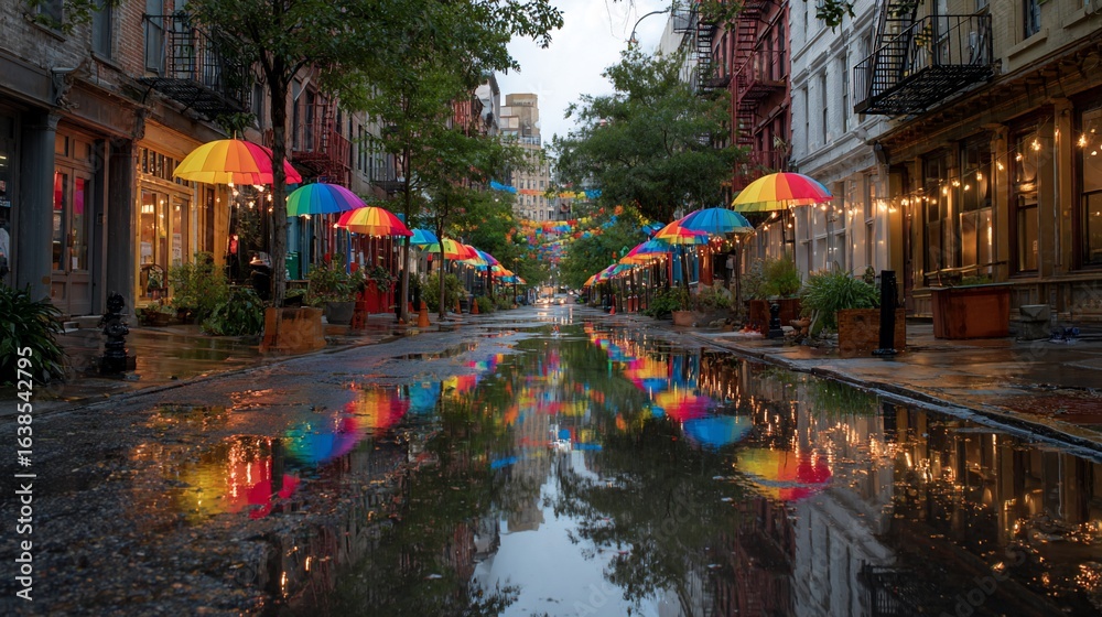 Naklejka premium Colorful streetscape, reflecting umbrellas in puddles, lined with buildings