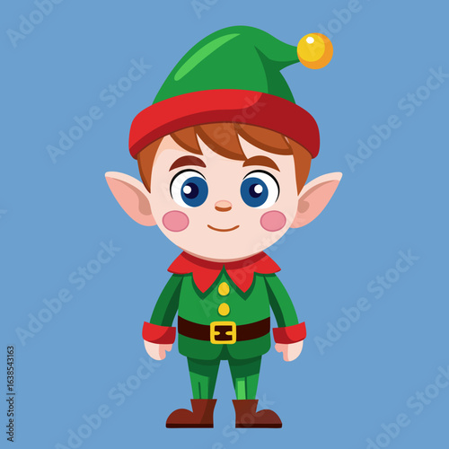 Cute cartoon christmas elf boy with pointed ears wearing a green outfit and hat with a red trim