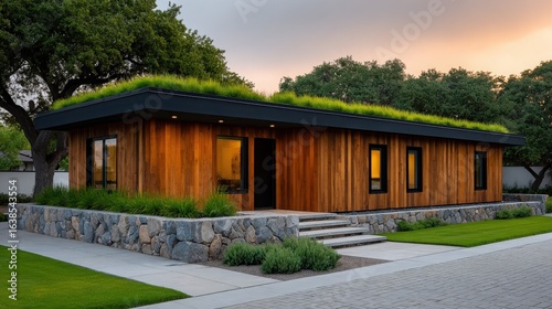 Wallpaper Mural A house with a green roof and a stone wall Torontodigital.ca