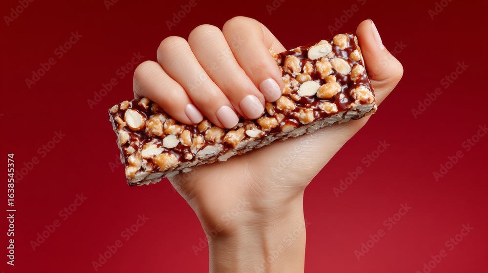 Obraz premium Hand holding a bar of chocolate covered nuts. The bar is wrapped in foil and is being held in a fist