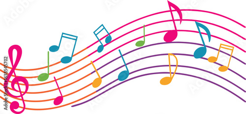 Vibrant and colorful musical notes and symbols flow across a wavy staff creating a lively and artistic representation of music and melody