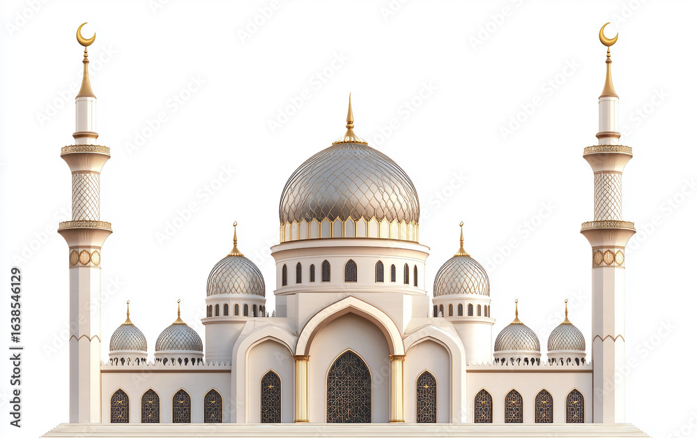 Fototapeta premium Artistic depiction of a grand mosque dome adorned with a golden crescent and tall elegant minarets isolated on white background PNG