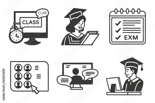 Vector art of online education and graduation isolated on white background