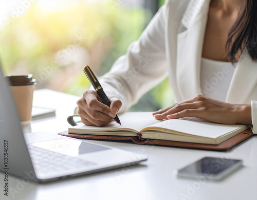 A businesswoman holds a pen while writing notes in a notebook at her desk