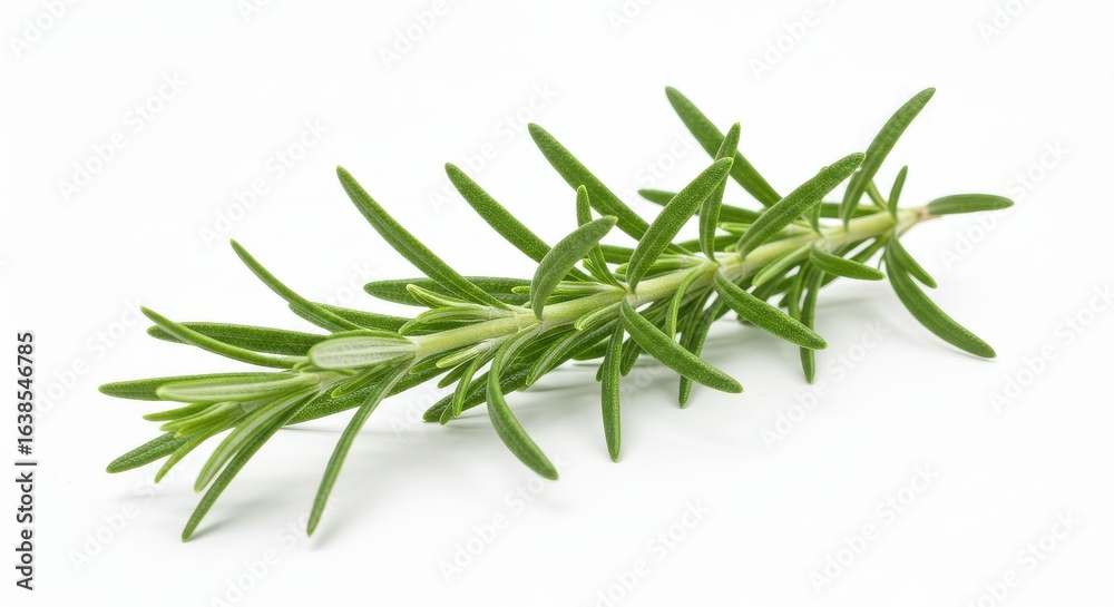A single sprig of fresh rosemary with needle like leaves on a clear and bright background surface view A single sprig of fresh rosemary with needle like leaves on a clear and bright background surface view
