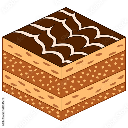 A cube-shaped dessert with chocolate frosting on top, decorated with white frosting