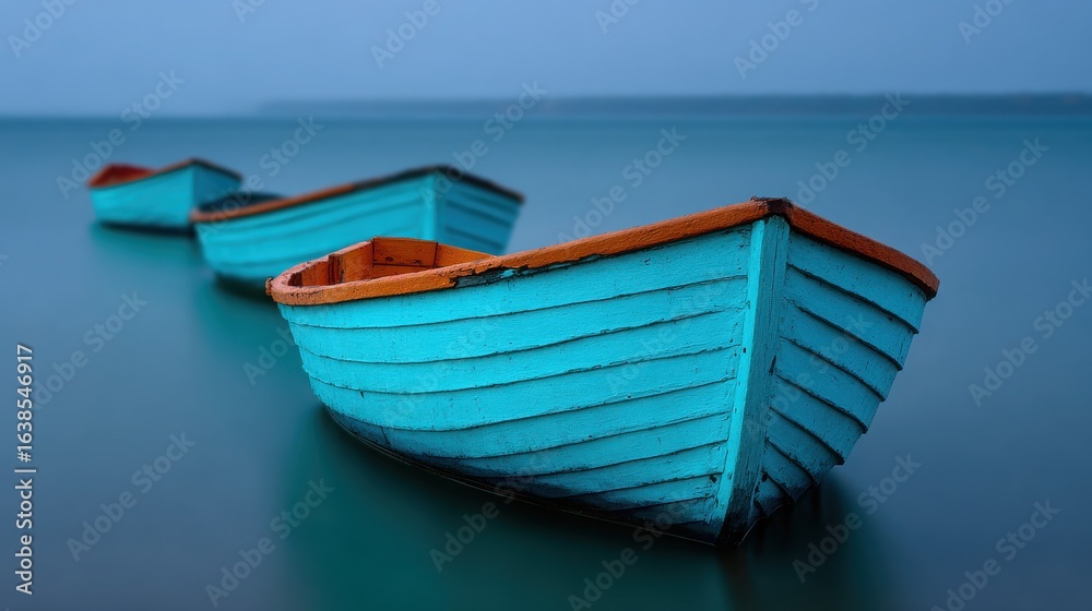 Naklejka premium Three small boats are floating in the water, one of which is blue