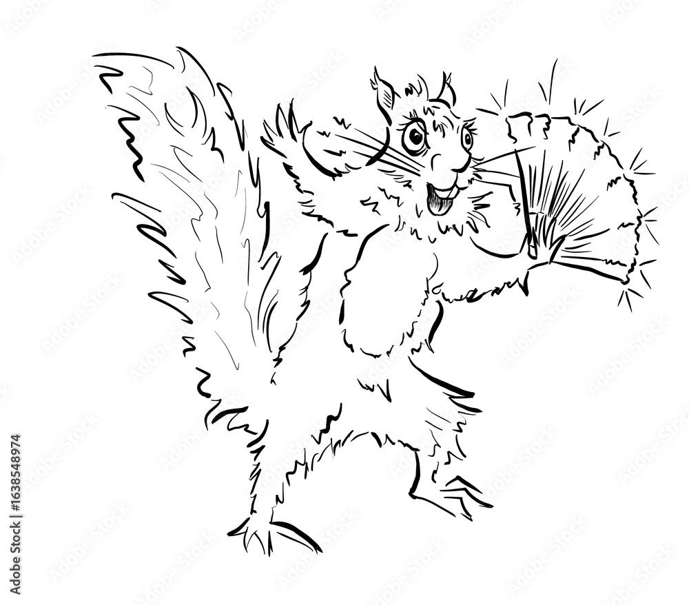 Obraz premium Dancing squirrel with fan illustration black and white with a transparent background
