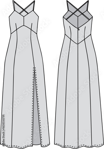 Elegant Strappy Evening Gown | Technical Fashion Illustration | Flat Apparel Template CAD | Front and Back Views