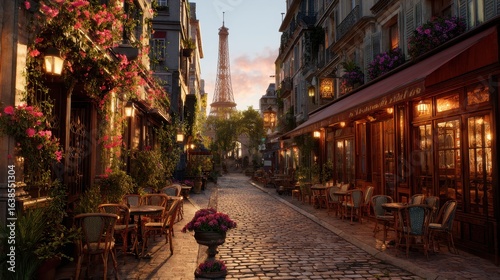 Fototapeta Naklejka Na Ścianę i Meble -  Parisian sunrise street cafe, Eiffel Tower view, cobblestone road, romantic ambiance, travel