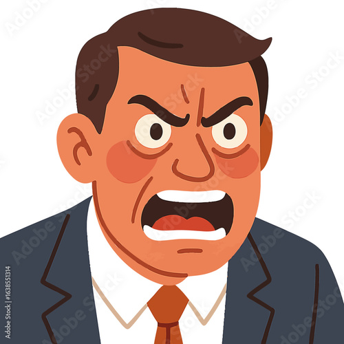 Angry man yelling in suit with cartoon style on orange background