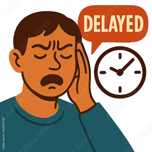 Frustrated person with clock indicating delayed time in vibrant style