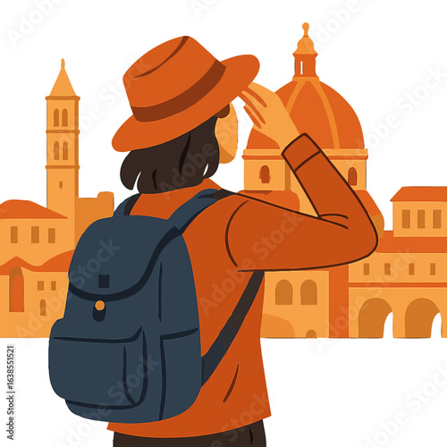 Traveler observing cityscape skyline in warm tones