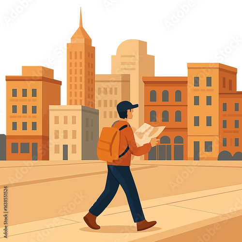 Urban exploration: traveler with map in modern cityscape