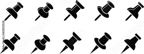 Push Pin Vector Silhouette Icon Set. Push Pin Icons Collection Perfect for Office Supplies Stationary Design Projects, Isolated on Transparent Background.