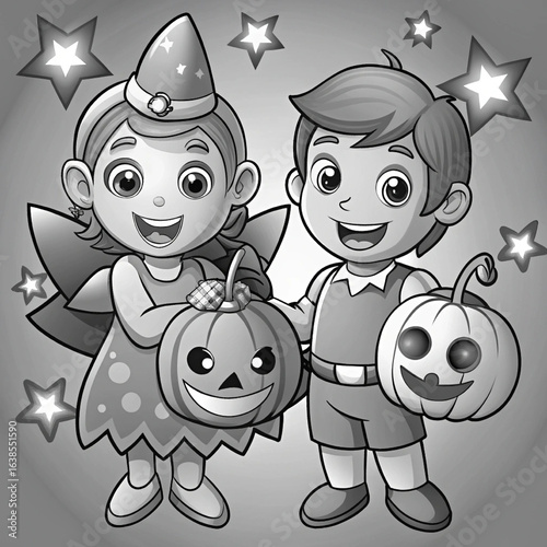 Two happy cartoon kids in Halloween