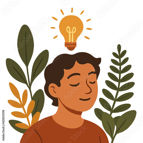 Peaceful mindfulness: person meditating with nature and bright idea symbol in warm tones
