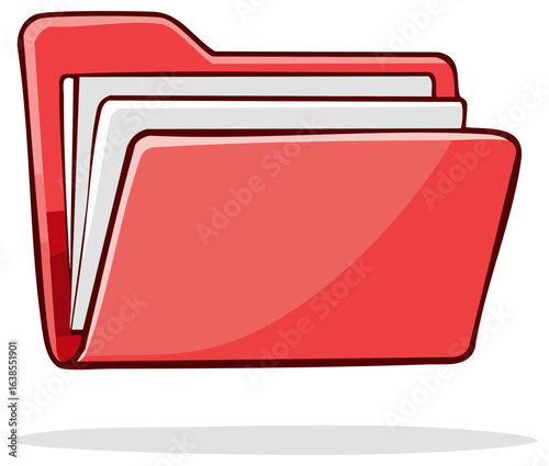 Cartoon Illustration: Red File Folder Filled with White Documents for Organization and Data Storage