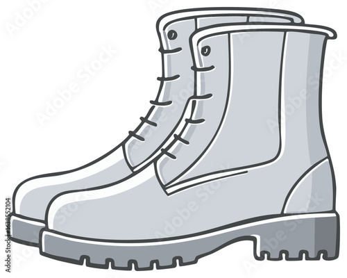 A pair of sturdy grey combat boots with laces and thick soles, cartoon illustration