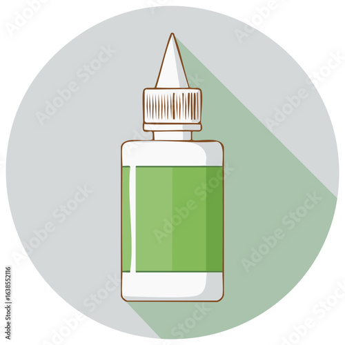 Flat design icon of a bottle with a green label and white applicator tip