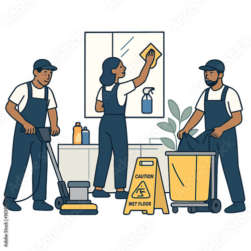 Professional cleaning crew in action with modern equipment and safety sign