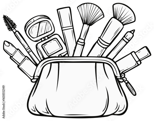 Cosmetic Bag Outline Illustration Filled with Makeup Brushes and Products for Beauty Styling