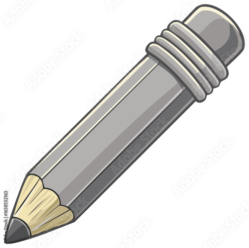 Simple gray pencil with eraser and sharpened graphite tip angled for drawing or writing