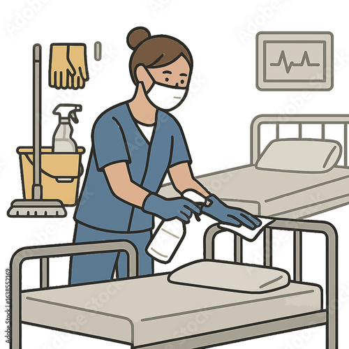 Healthcare worker sanitizing hospital room in clean outline style