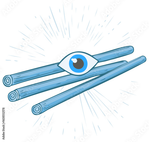 Floating Eye with Three Cylinders and Bursting Rays, Symbolic Cartoon, Mystical Elements, Light Blue Tones