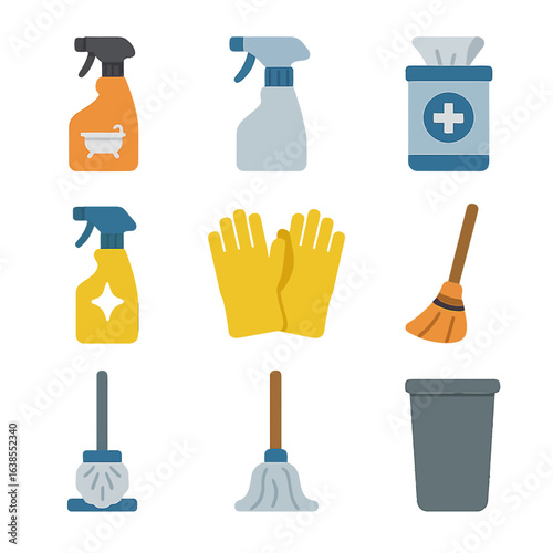 Essential cleaning tools: spray bottles, gloves, mops, and broom icons in glowing style