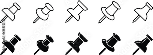 Push Pin Vector Silhouette Icon Set. Push Pin Icons Collection Perfect for Office Supplies Stationary Design Projects, Isolated on Transparent Background.