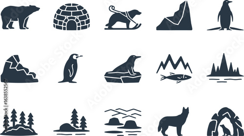Arctic Animals and Landscapes: Vector Icon Set Illustration